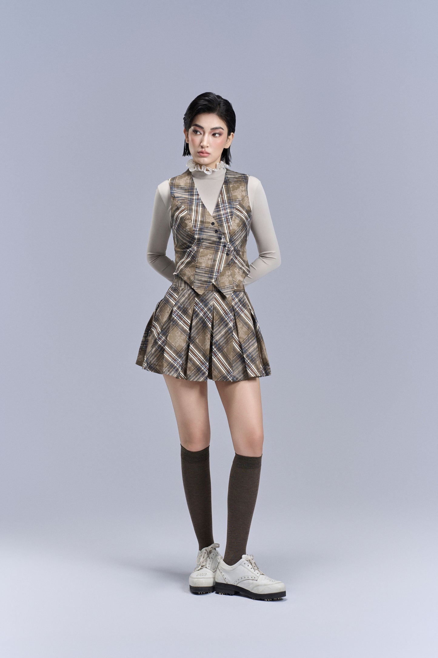 Aero Stripe Pleated Skirt_Brown, Beige