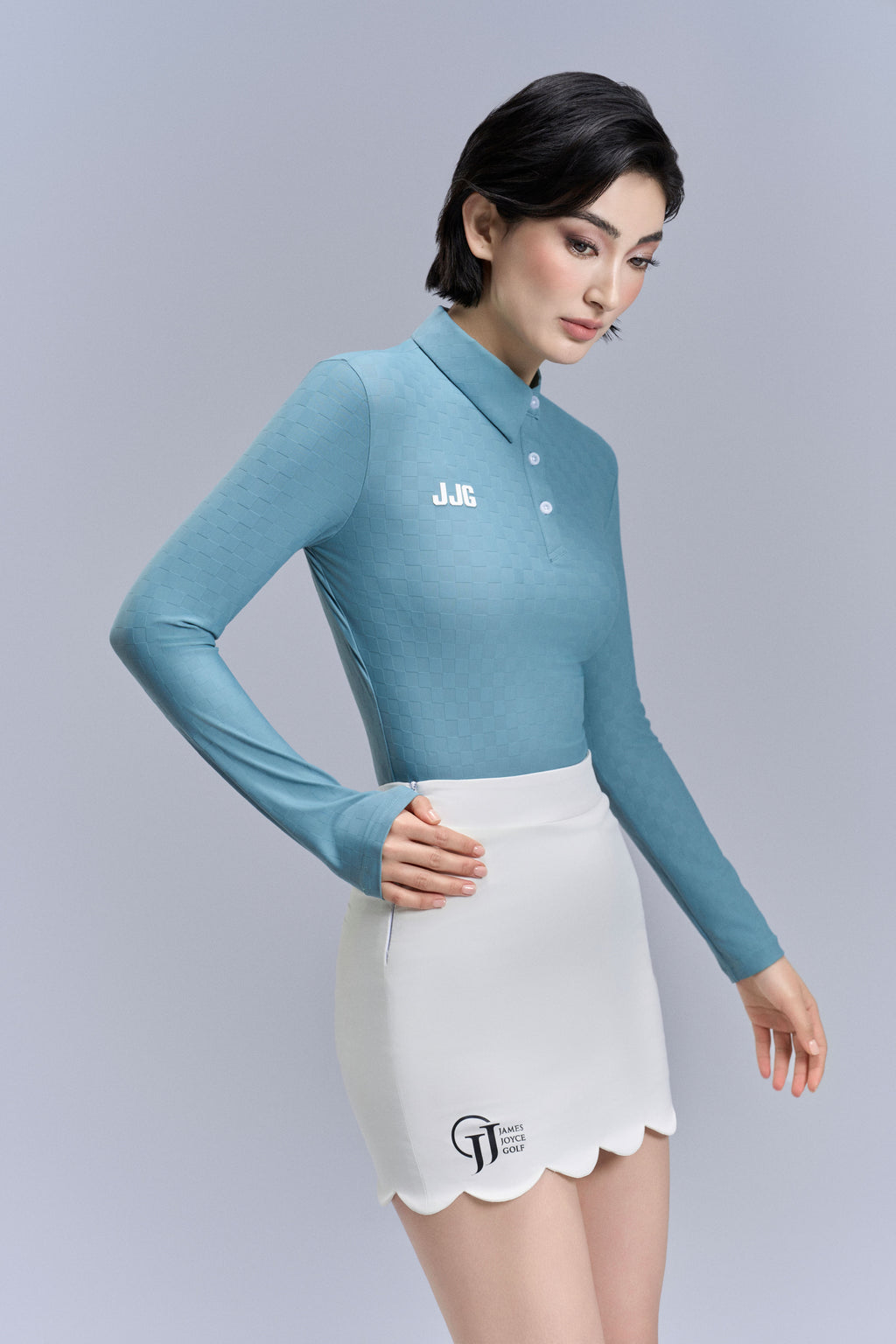 Women Plaid Polo shirt_Steel Blue