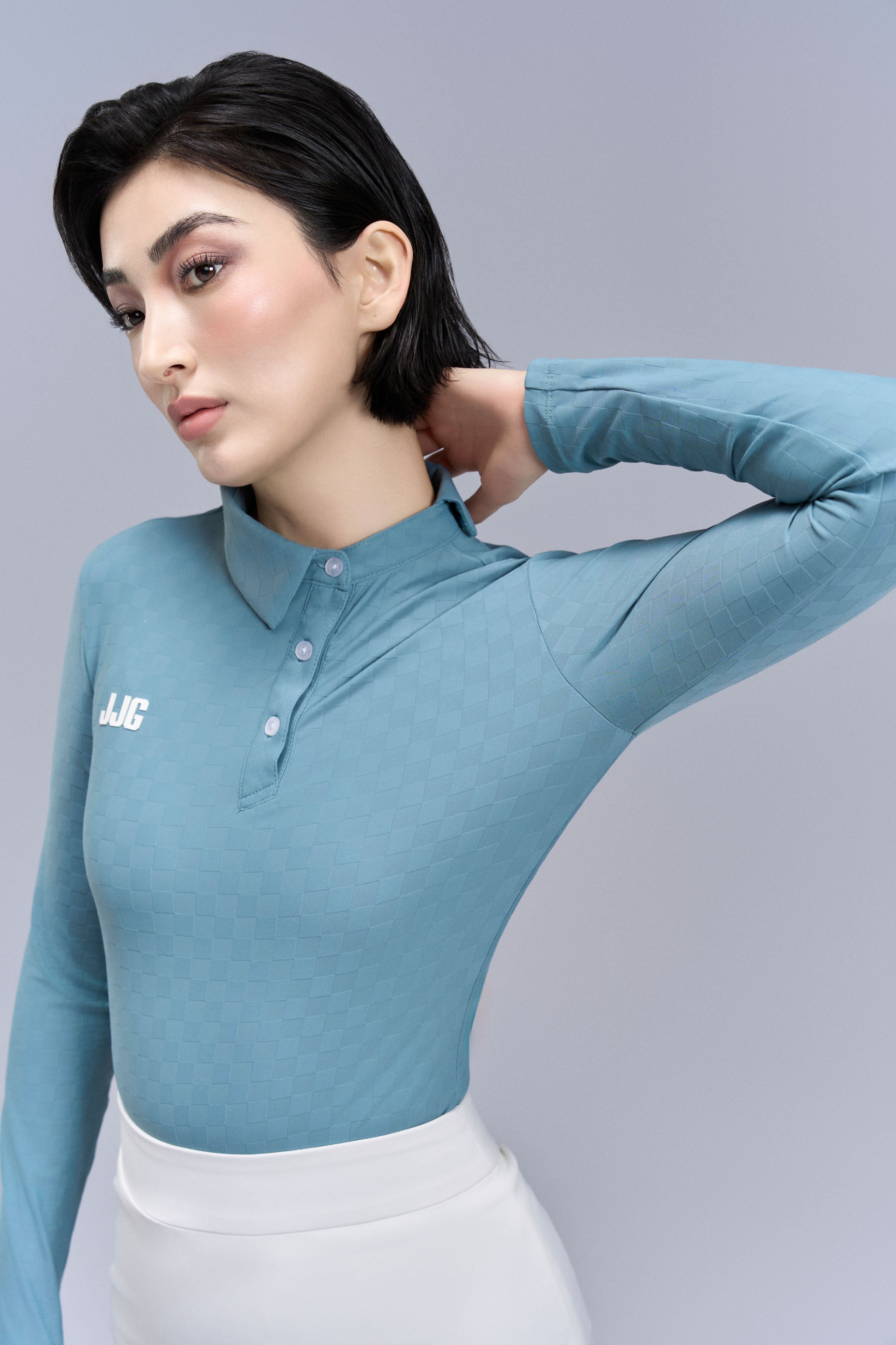 Women Plaid Polo shirt_Steel Blue