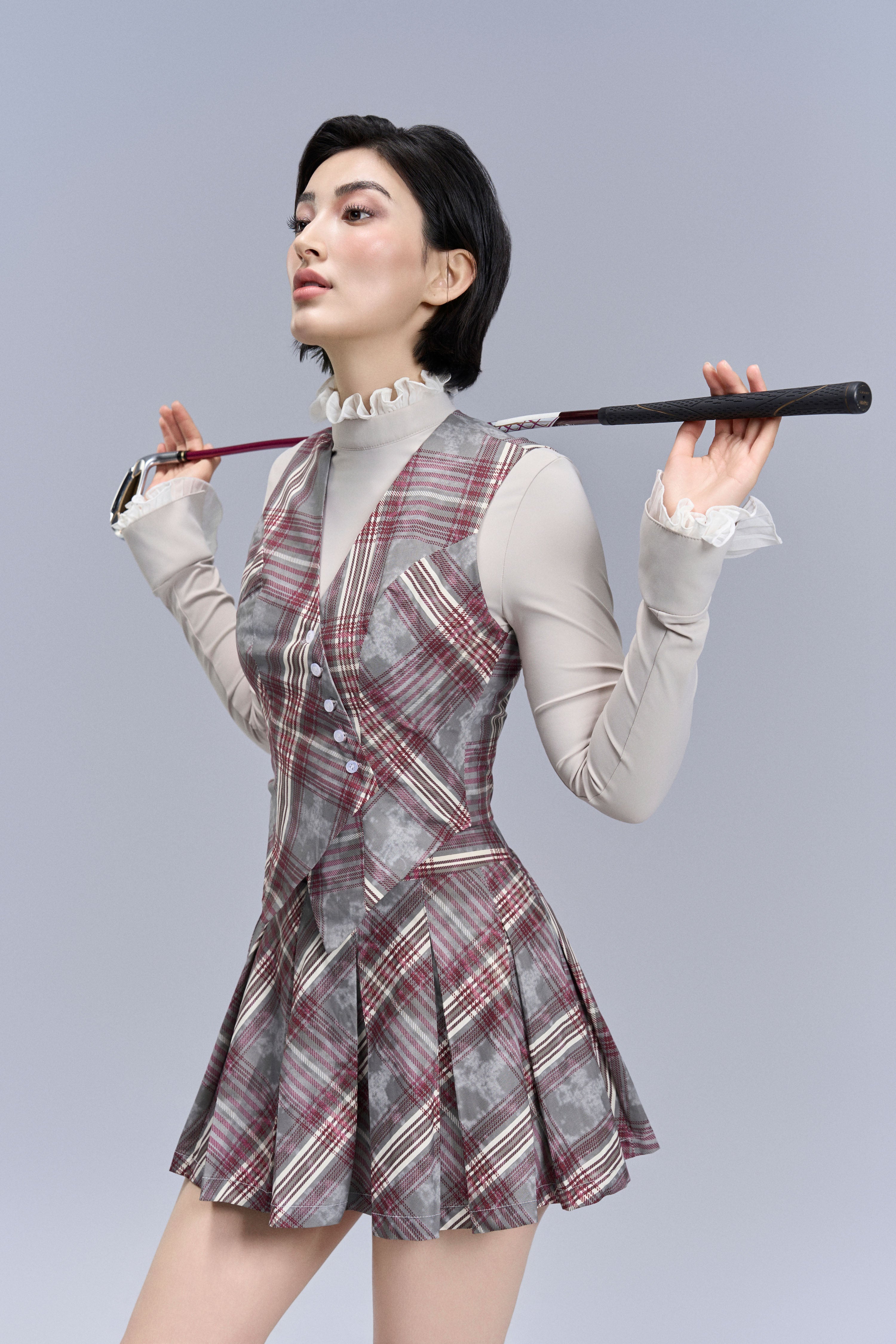 Aero Stripe Pleated Skirt_Gray, Burgundy