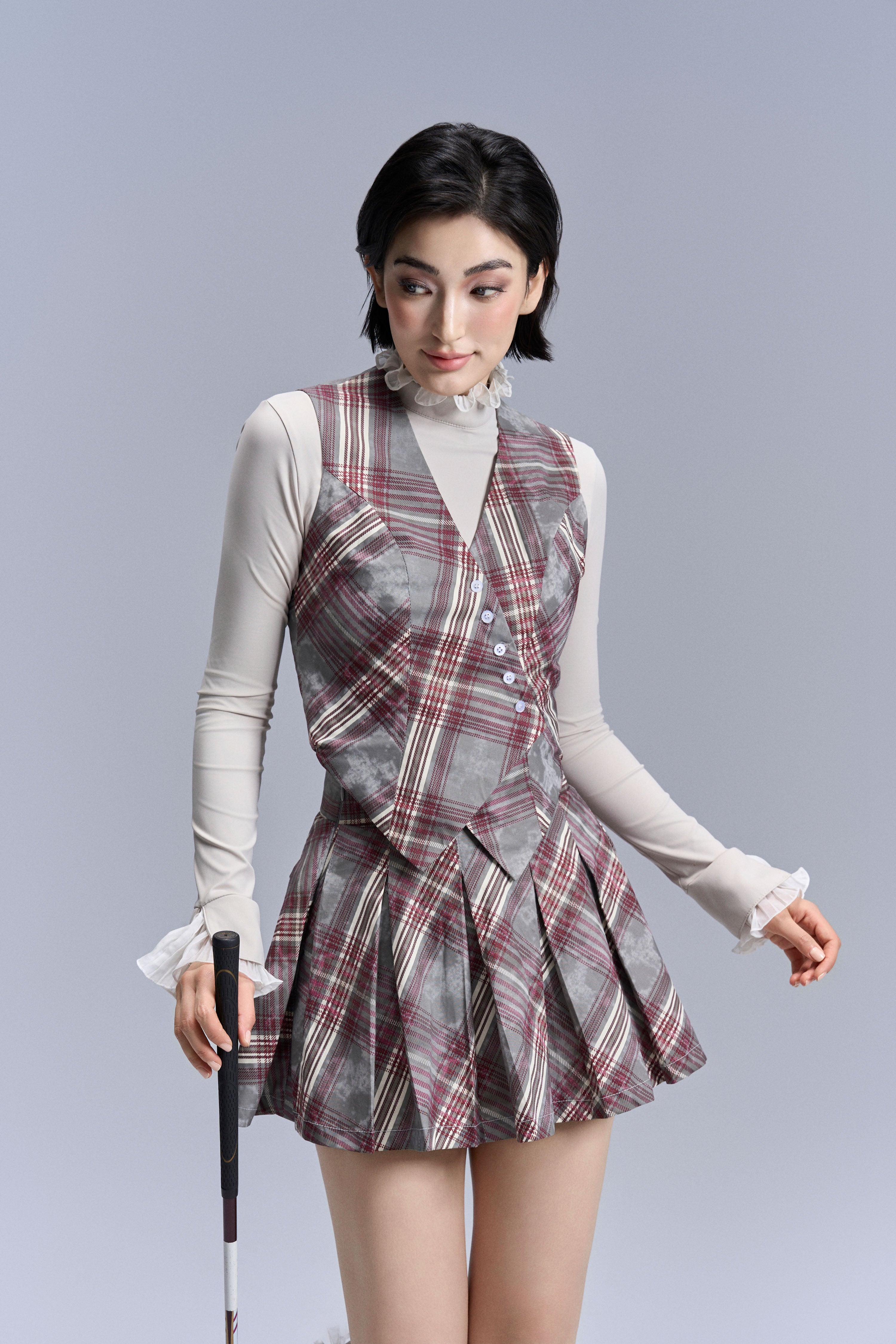 Aero Stripe Pleated Skirt_Gray, Burgundy