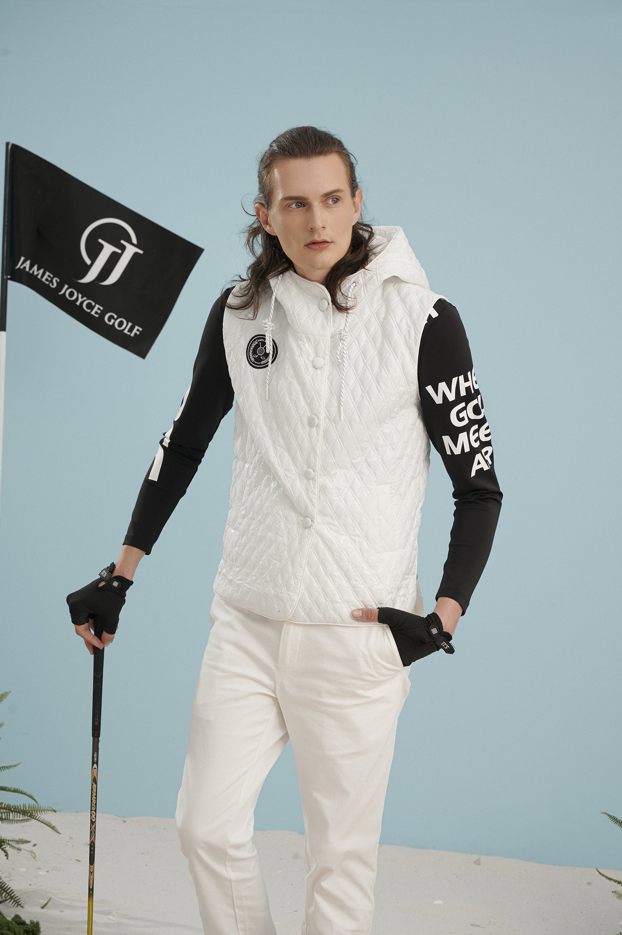 남성용 화이트 퀼팅 패브릭 조끼