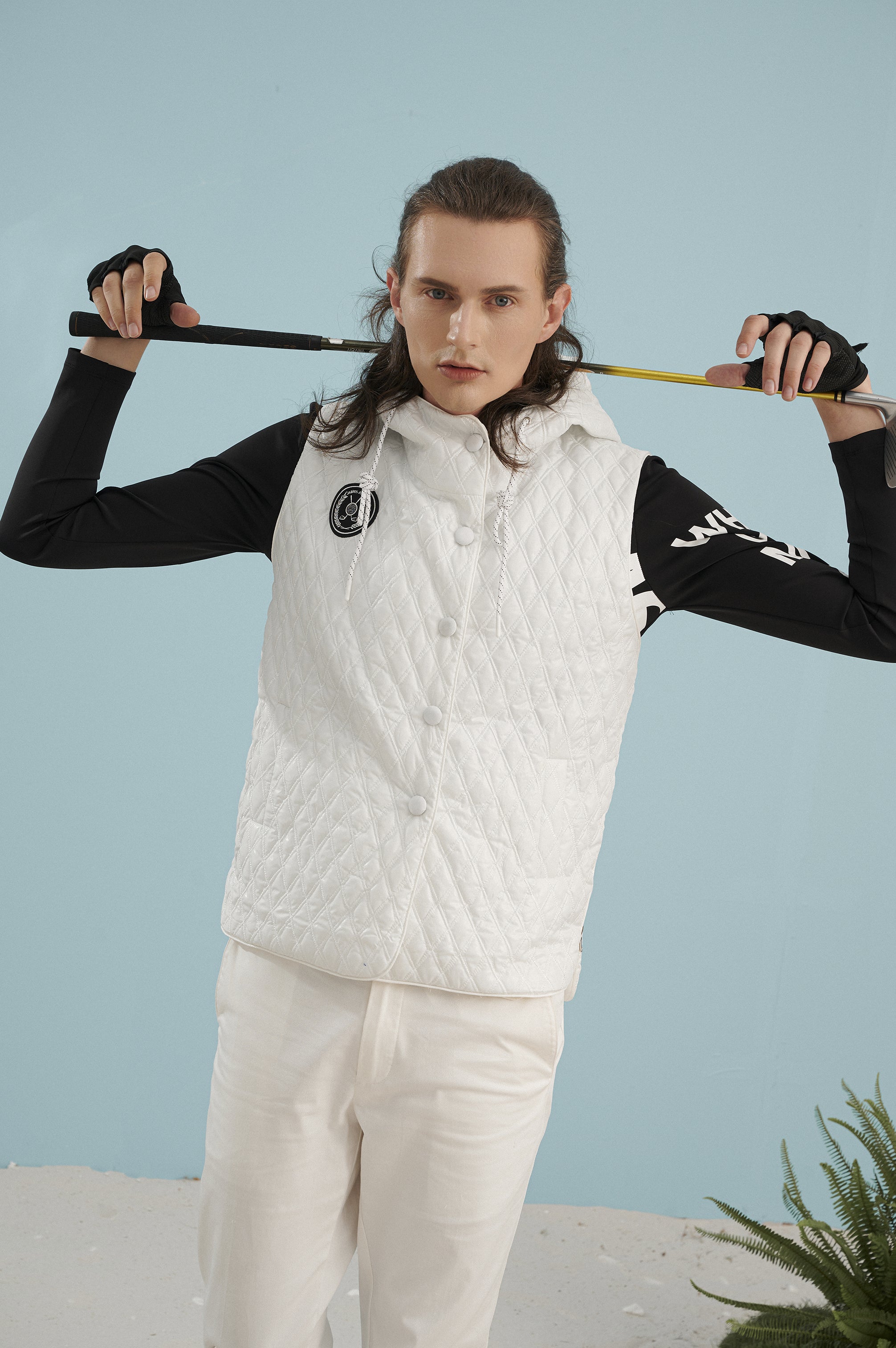 남성용 화이트 퀼팅 패브릭 조끼