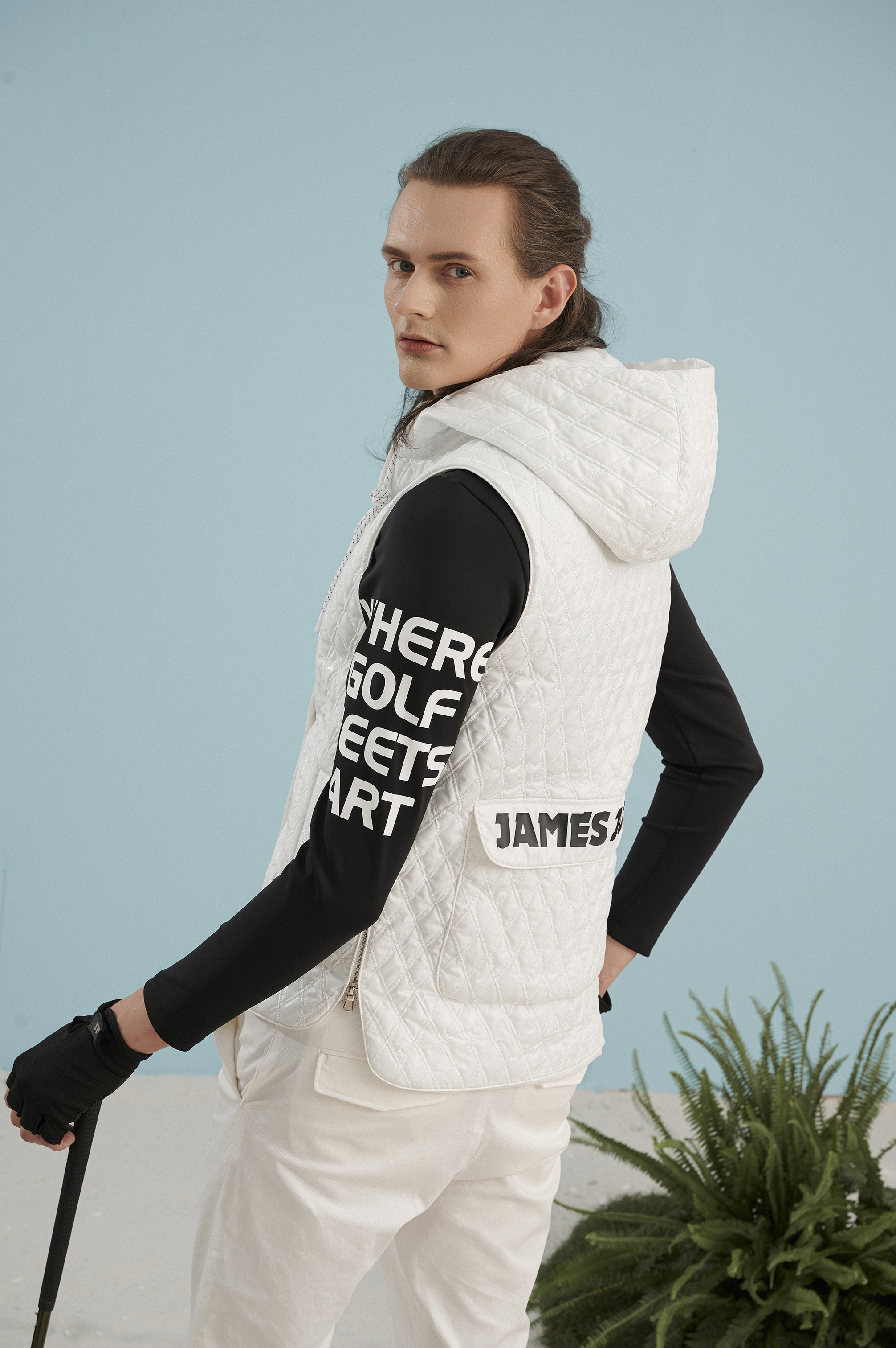 남성용 화이트 퀼팅 패브릭 조끼